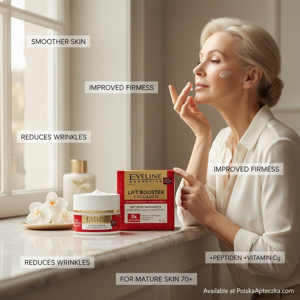 Eveline Cosmetics Lift Booster Collagen 70+ wrinkle-filler cream jar and box, with text overlays highlighting benefits like smoother skin and improved firmness.