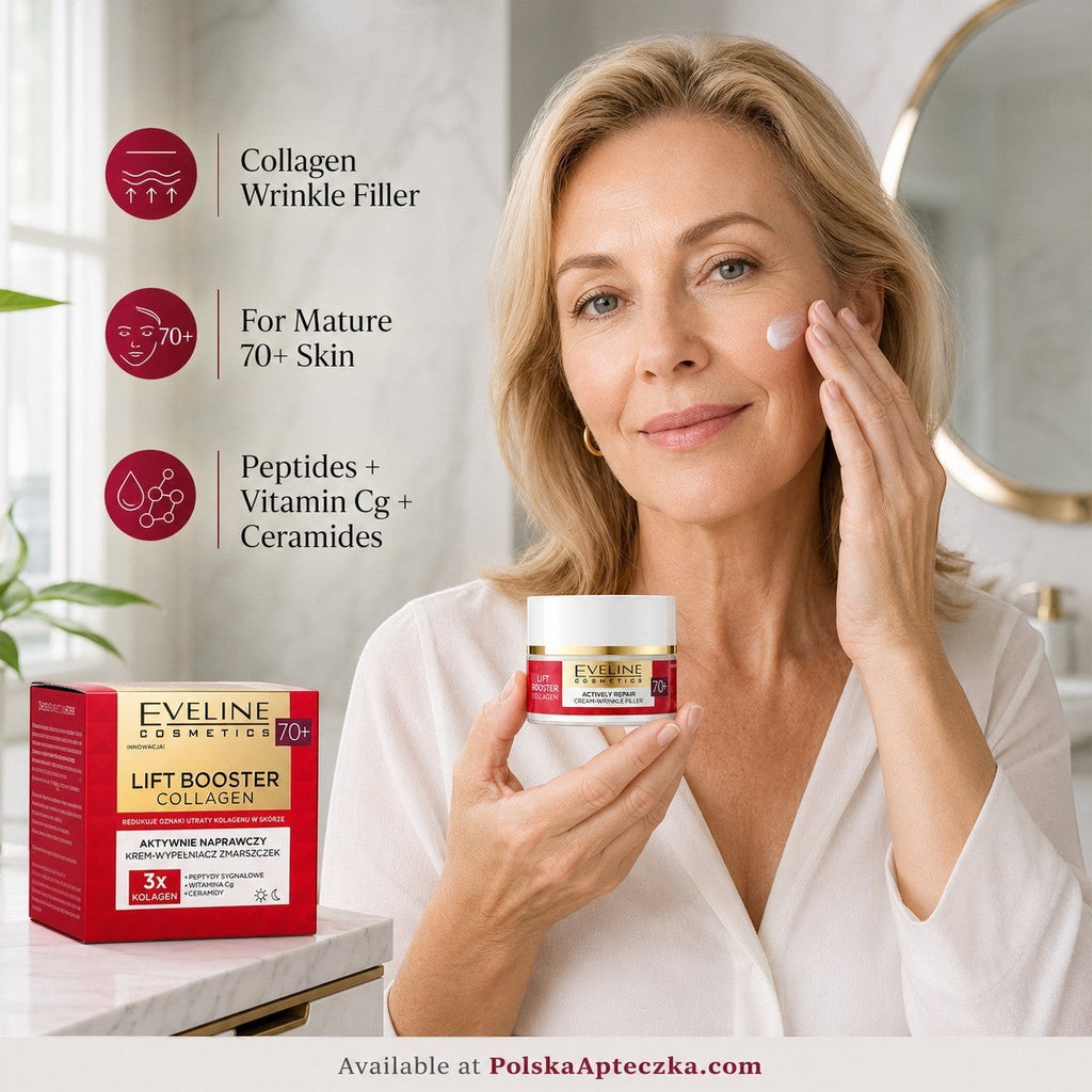 Eveline Cosmetics Lift Booster Collagen 70+ wrinkle-filler cream jar held by a mature woman applying it to her cheek.