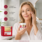 Eveline Cosmetics Lift Booster Collagen 70+ wrinkle-filler cream jar held by a mature woman applying it to her cheek.