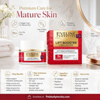 Eveline Cosmetics Lift Booster Collagen 70+ Actively Repairing Cream-Wrinkle Filler jar and box. For mature skin 70+.