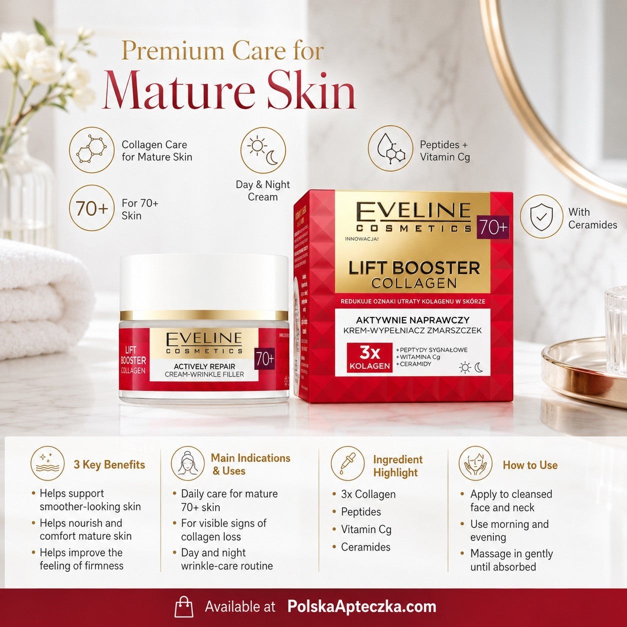 Eveline Cosmetics Lift Booster Collagen 70+ Actively Repairing Cream-Wrinkle Filler jar and box. For mature skin 70+.
