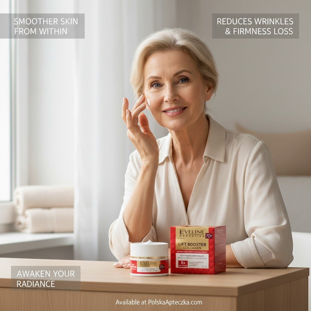Eveline Cosmetics Lift Booster Collagen 70+ wrinkle-filler cream jar and box on a table with a smiling mature woman applying it to her face.