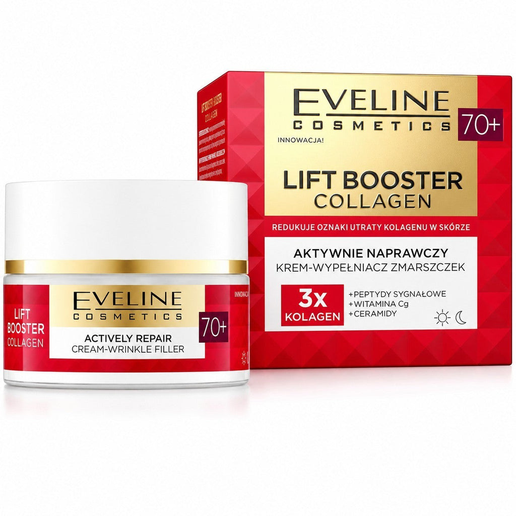 Apteczka Eveline Cosmetics Lift Booster Collagen 70+ Actively Repair Cream-Wrinkle Filler jar and box. For mature skin.