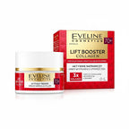 Apteczka Eveline Cosmetics Lift Booster Collagen 70+ Actively Repairing Wrinkle-Filler Cream jar and box. White jar with gold trim and red label. Box is red and gold.
