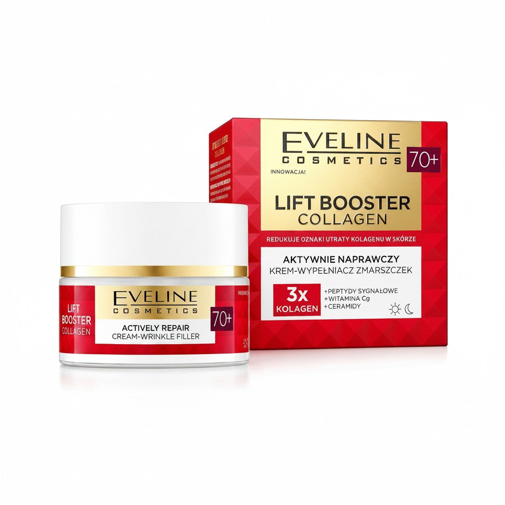 Apteczka Eveline Cosmetics Lift Booster Collagen 70+ Actively Repairing Wrinkle-Filler Cream jar and box. White jar with gold trim and red label. Box is red and gold.