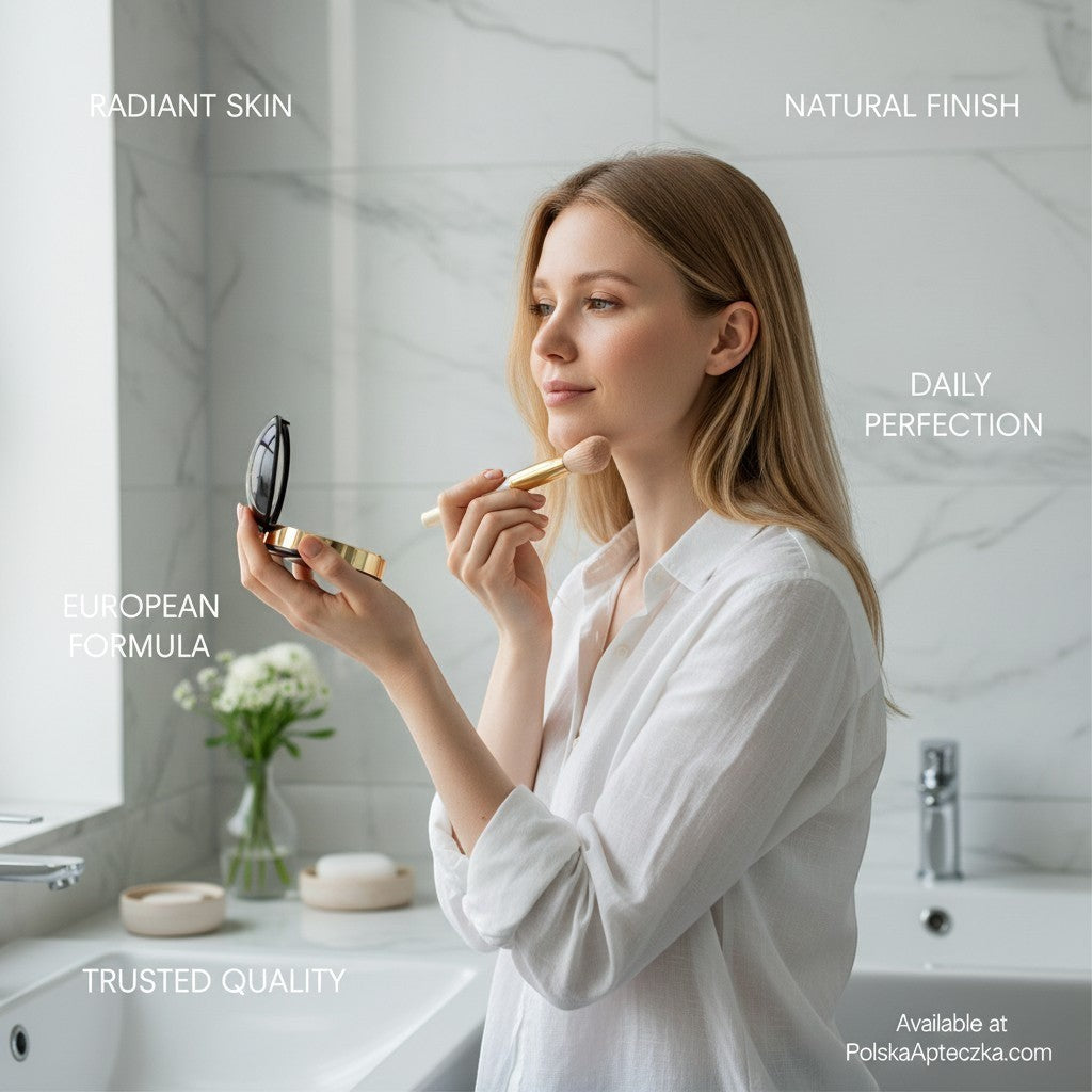 Apteczka Eveline Celebrities Beauty transparent pressed mineral powder no. 20 mattifying smoothing face powder applied by a woman with a brush.