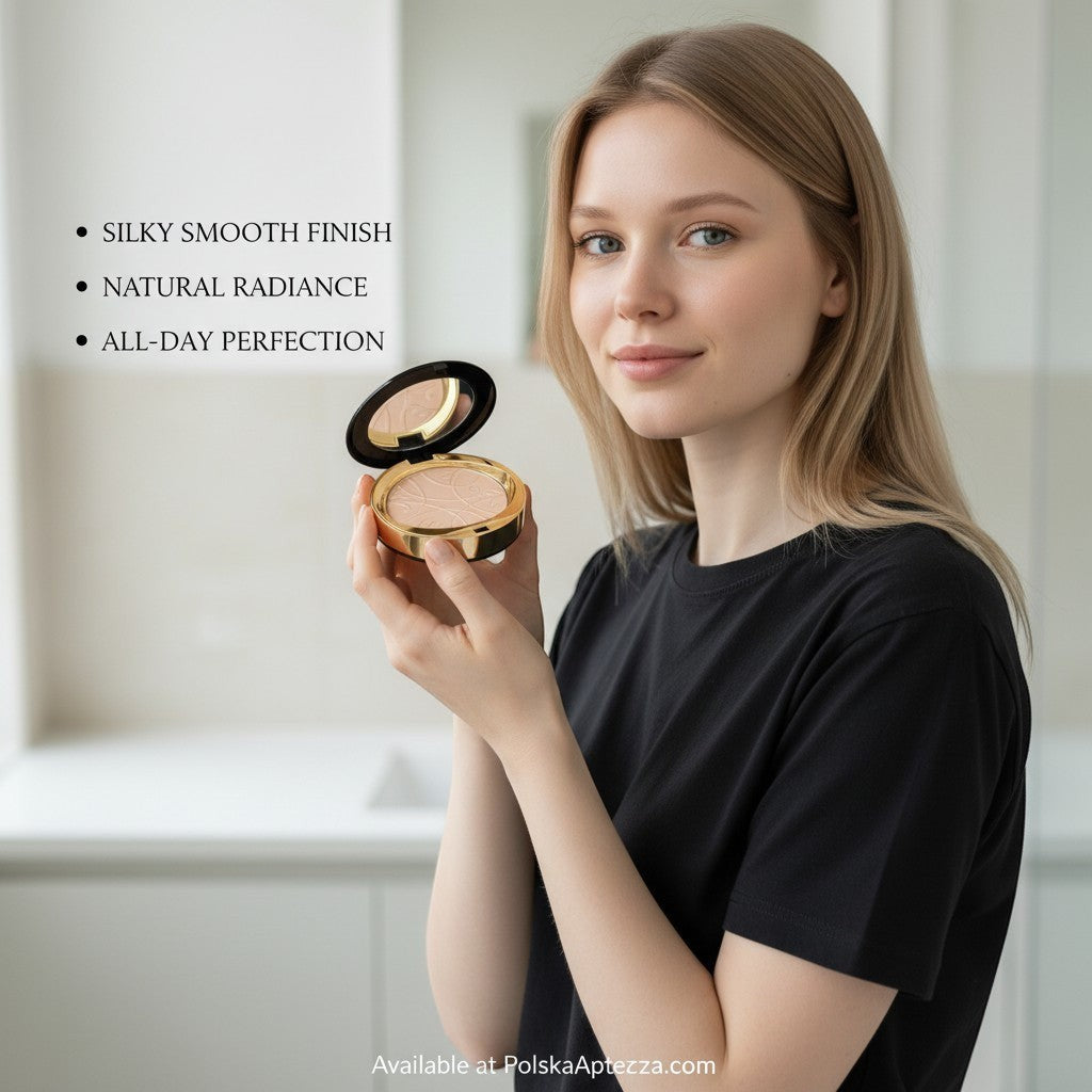 Apteczka Celebrities Beauty Transparent Pressed Mineral Powder No. 20, a light beige mattifying face powder in a gold compact with a mirror.