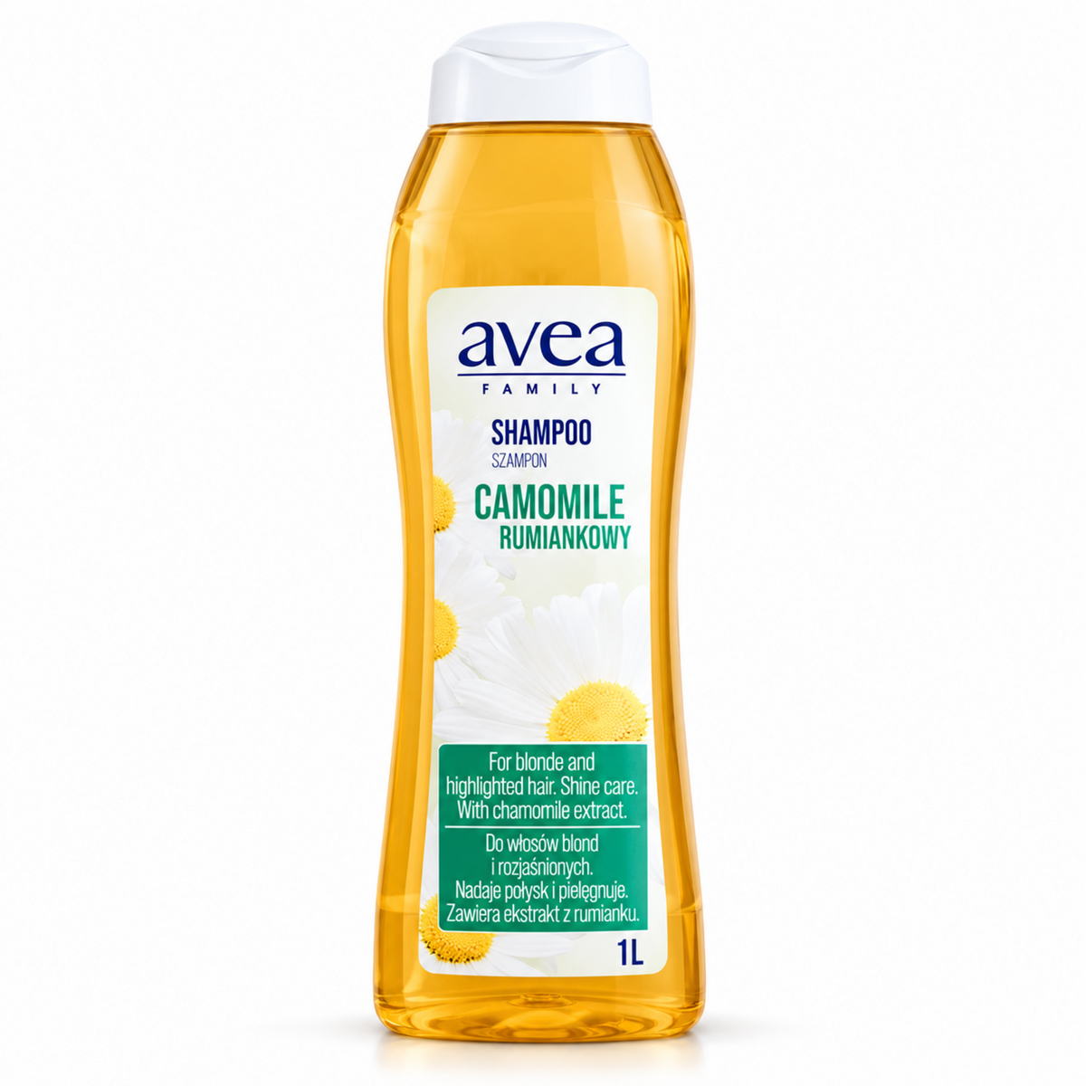 AVEA Camomile Extract Shine Shampoo for Blonde Hair, 1 L – single bottle on white background | AVEA szampon rumiankowy, 1 l
