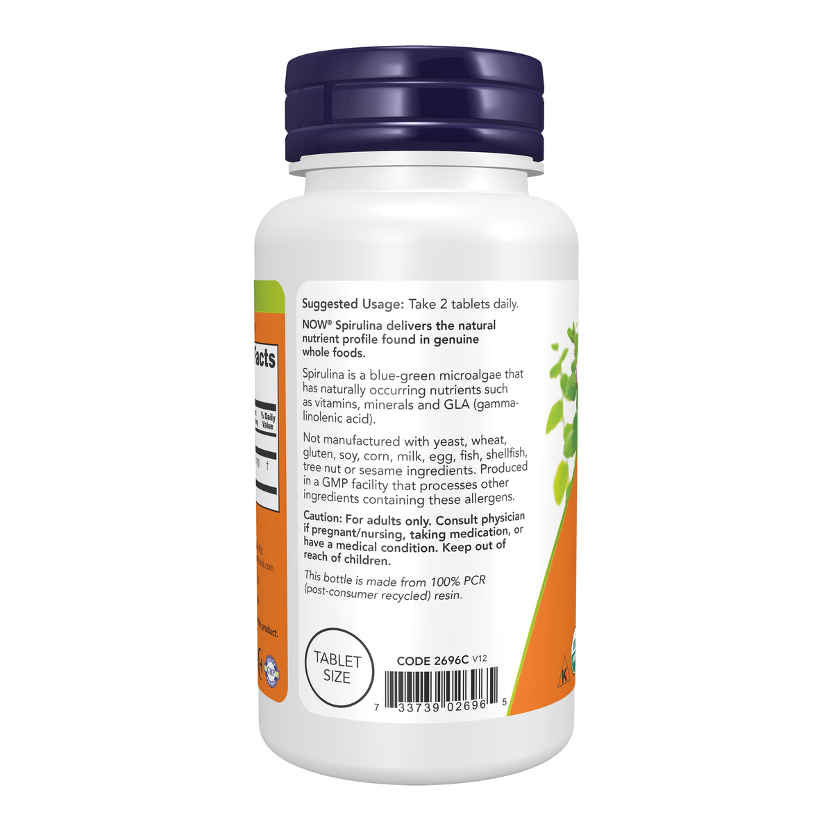NOW Foods Spirulina 500 mg, Organic - 100 Tablets – Left label / Etykieta producenta