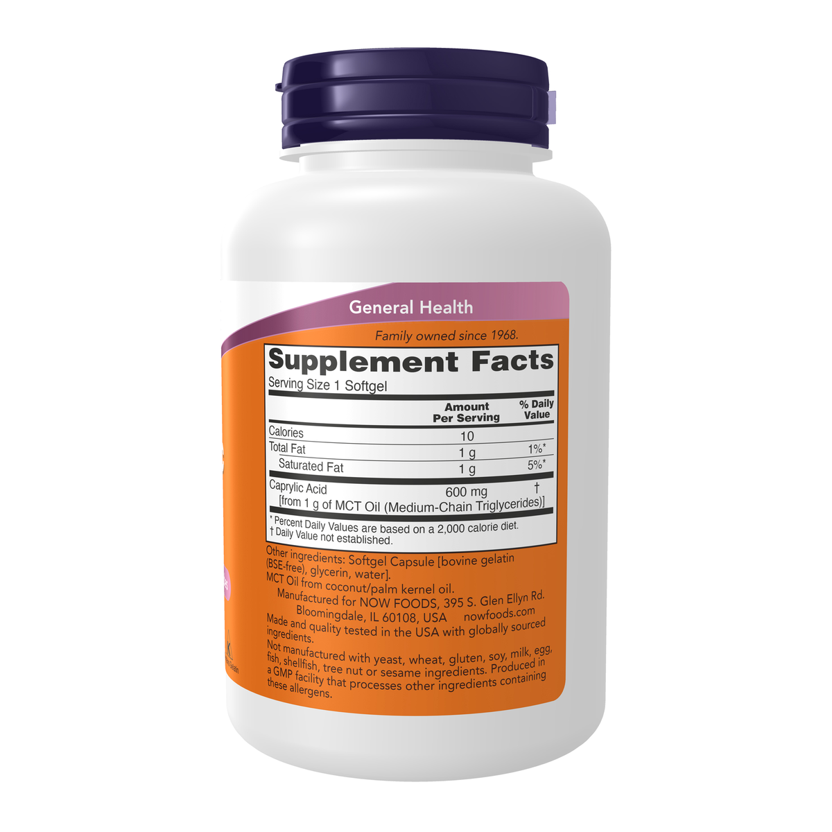 NOW Foods Caprylic Acid 600 mg - 100 Softgels – Right label / Etykieta producenta