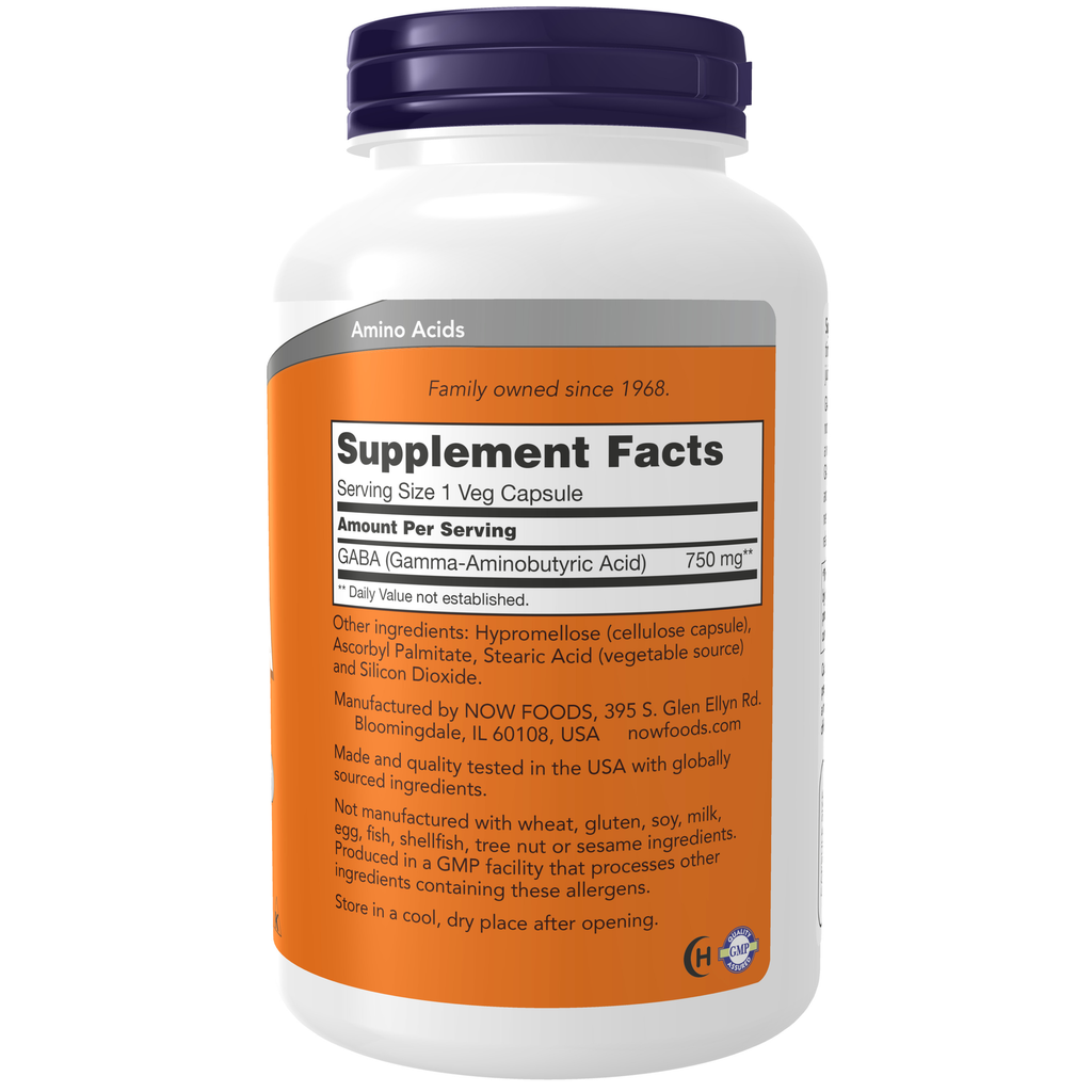 NOW Foods GABA 750 mg - 200 Veg Capsules – Label details / Etykieta producenta