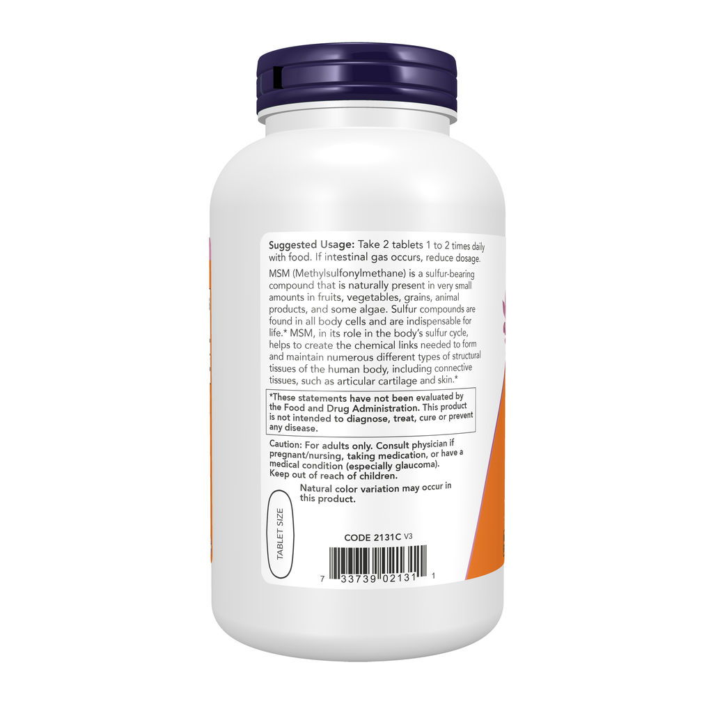 NOW Foods MSM 1500 mg - 200 Tablets – Left label / Etykieta producenta