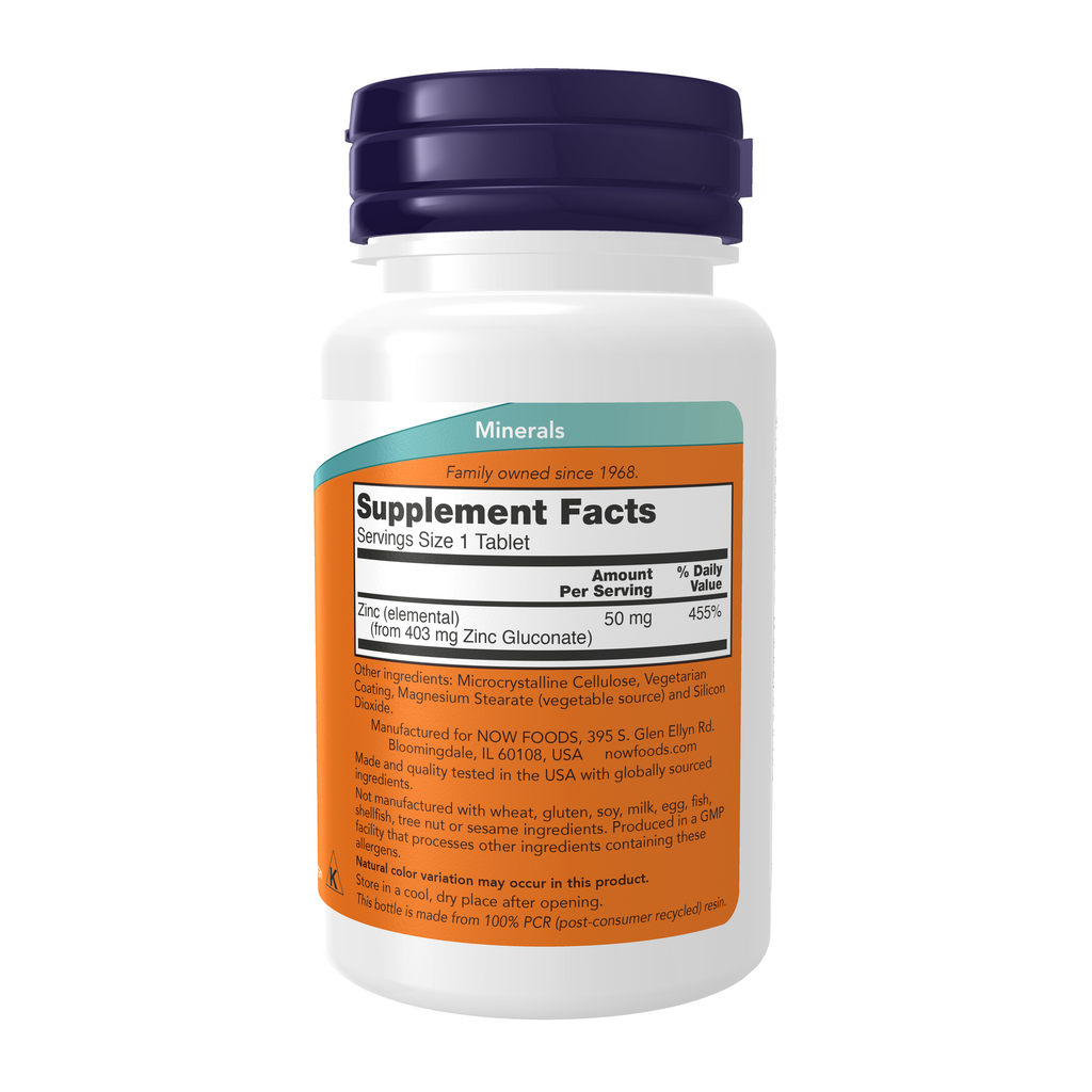 NOW Foods Zinc 50 mg - 100 Tablets – Right label / Etykieta producenta