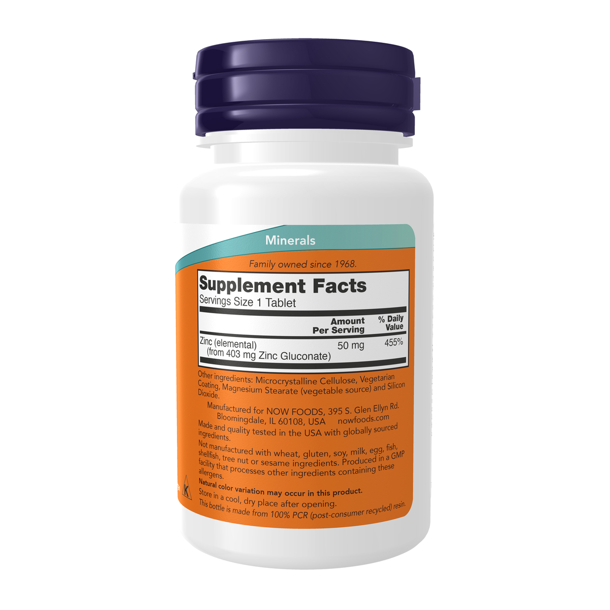 NOW Foods Zinc 50 mg - 100 Tablets – Right label / Etykieta producenta