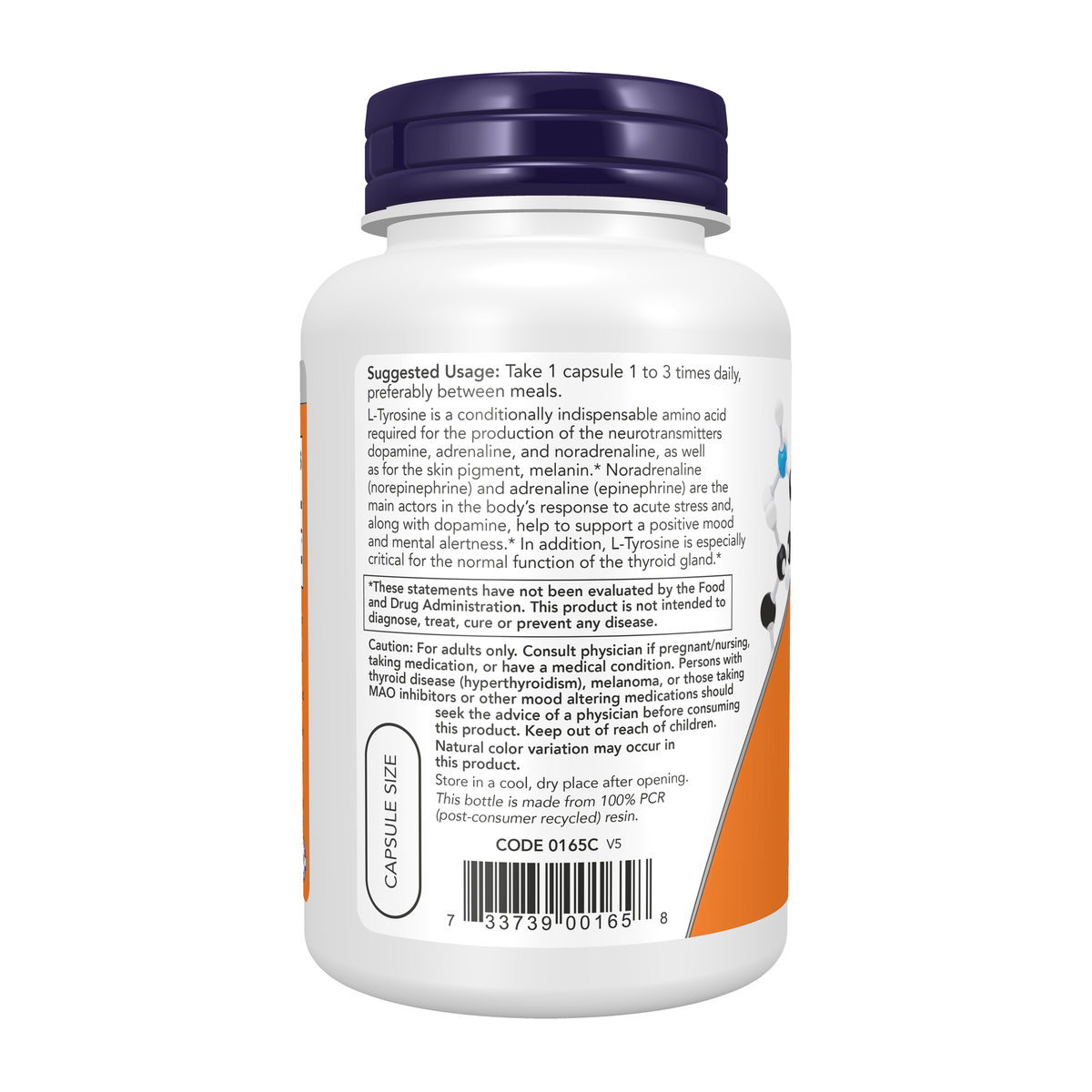 NOW Foods L-Tyrosine 750 mg, Extra Strength - 90 Veg Capsules – Left label / Etykieta producenta