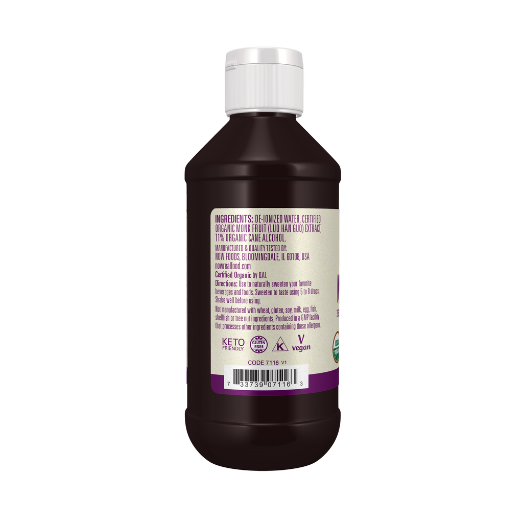 NOW Foods Monk Fruit Liquid, Organic - 8 fl. oz. – Left label / Etykieta producenta