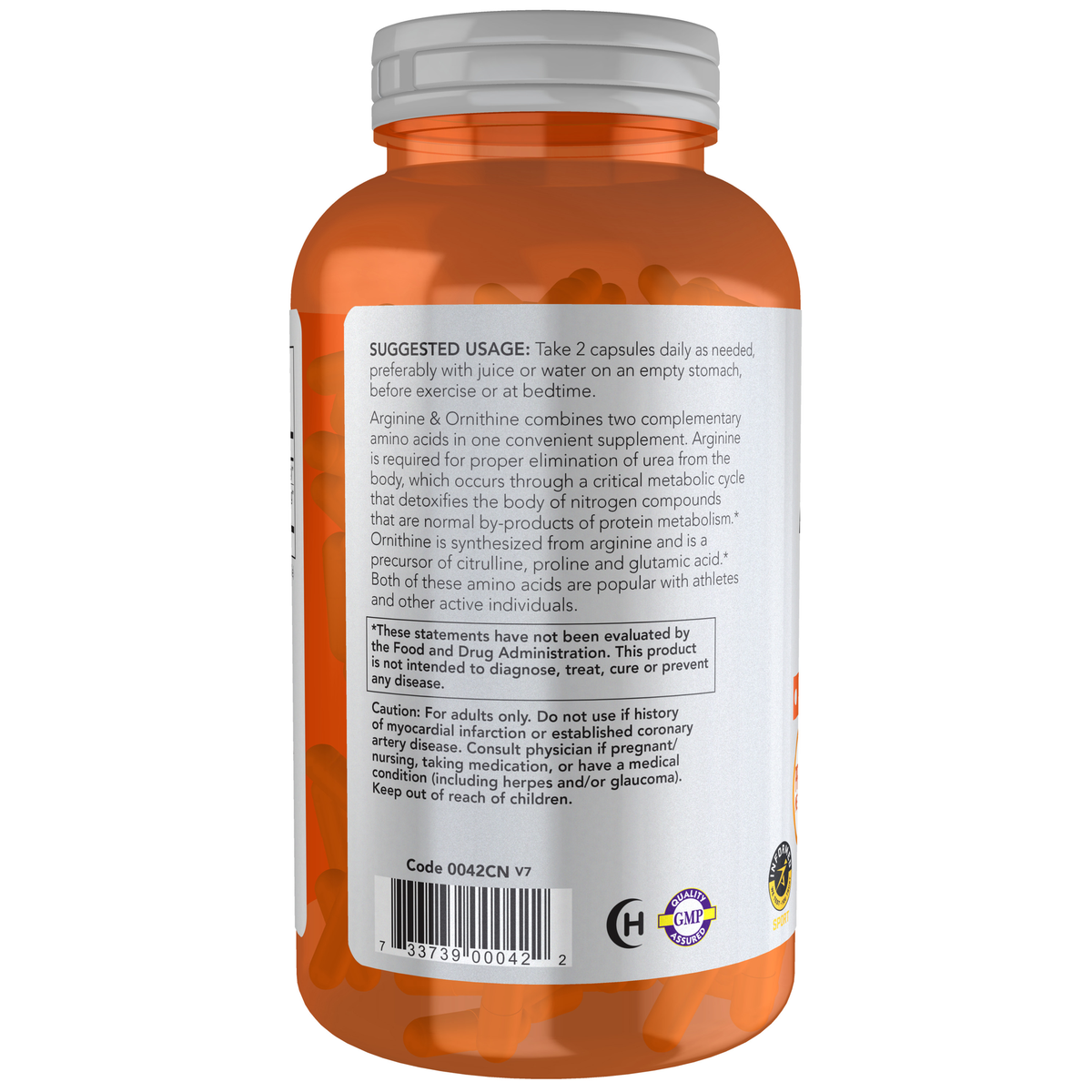 NOW Foods Arginine & Ornithine 500 mg / 250 mg - 250 Veg Capsules – Label details / Etykieta producenta
