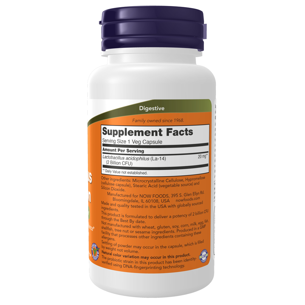 NOW Foods Acidophilus Two Billion - 100 Veg Capsules – Right label / Etykieta producenta