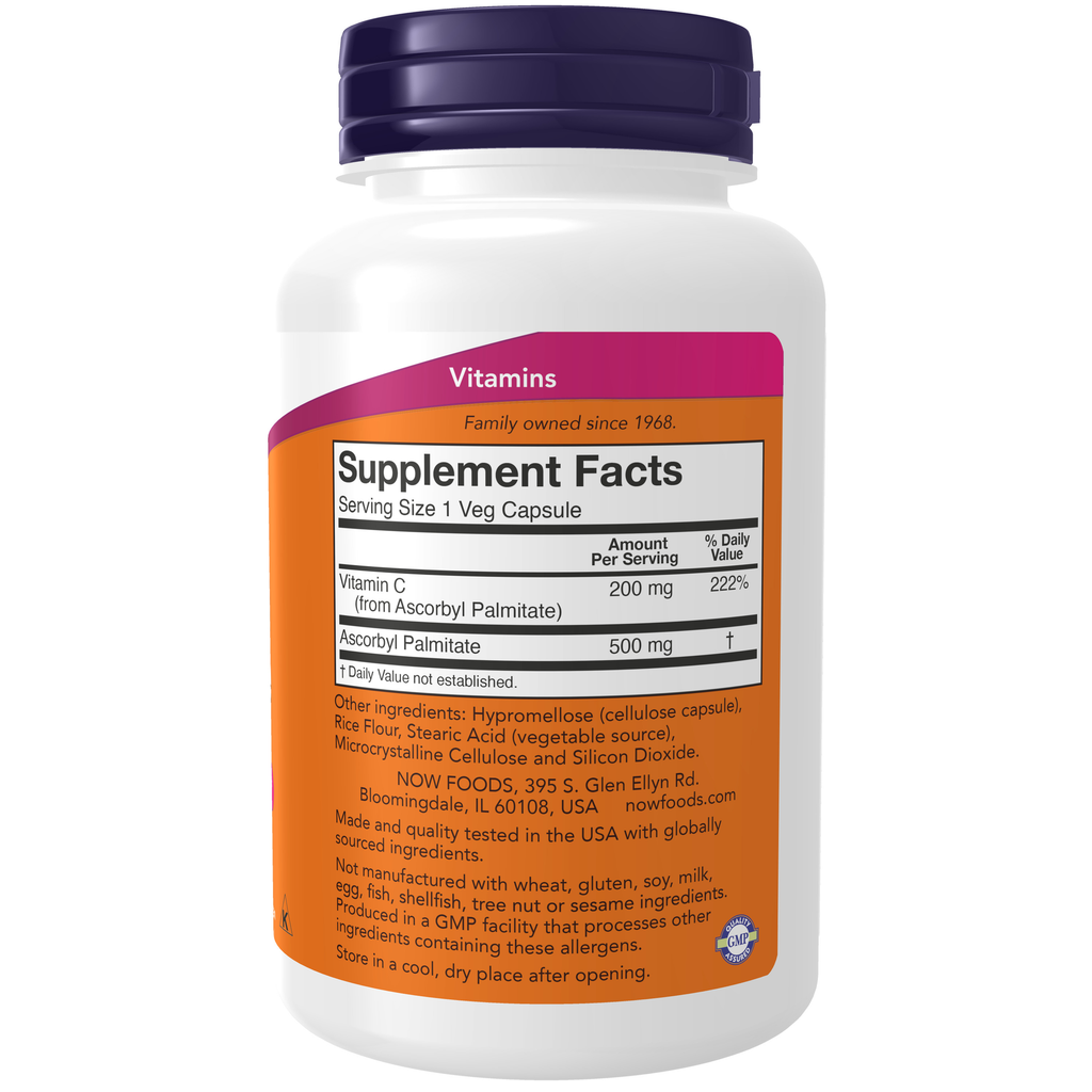 NOW Foods Ascorbyl Palmitate 500 mg - 100 Veg Capsules – Label details / Etykieta producenta