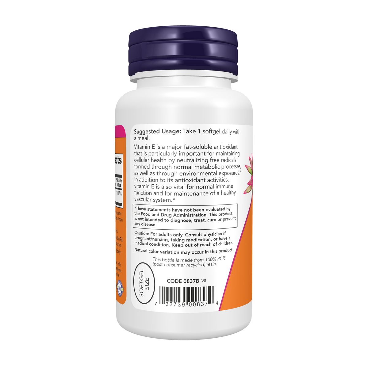 NOW Foods Vitamin E-400 D-Alpha Tocopheryl - 100 Softgels – Left label / Etykieta producenta
