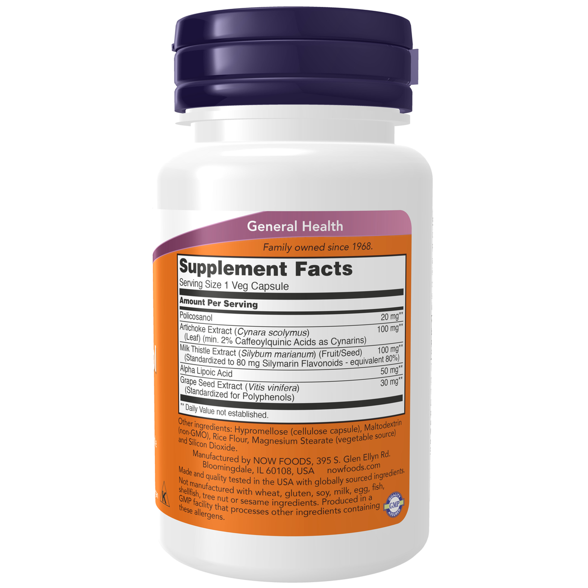 NOW Foods Policosanol, Double Strength 20 mg - 90 Veg Capsules – Label details / Etykieta producenta