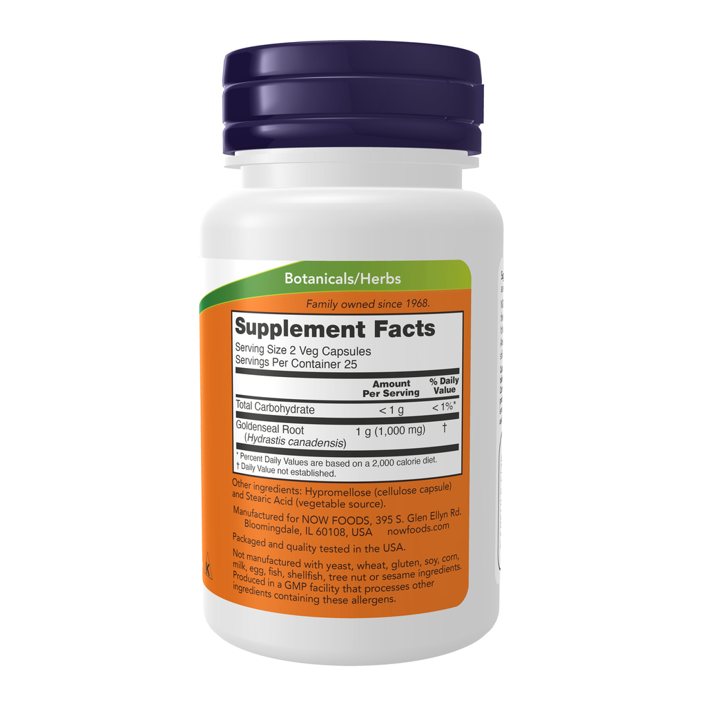 NOW Foods Goldenseal Root 500 mg - 50 Veg Capsules – Right label / Etykieta producenta