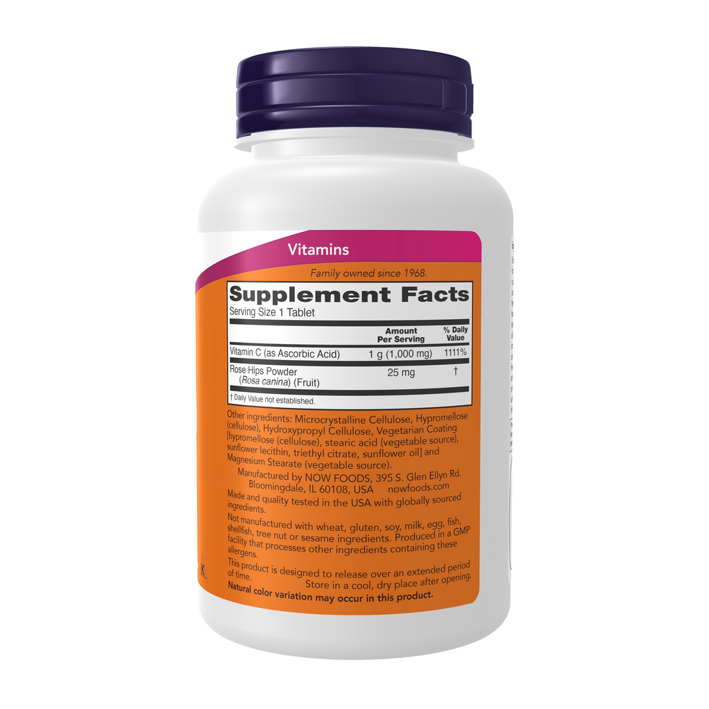 NOW Foods Vitamin C-1000 Sustained Release - 100 Tablets – right label / Etykieta producenta