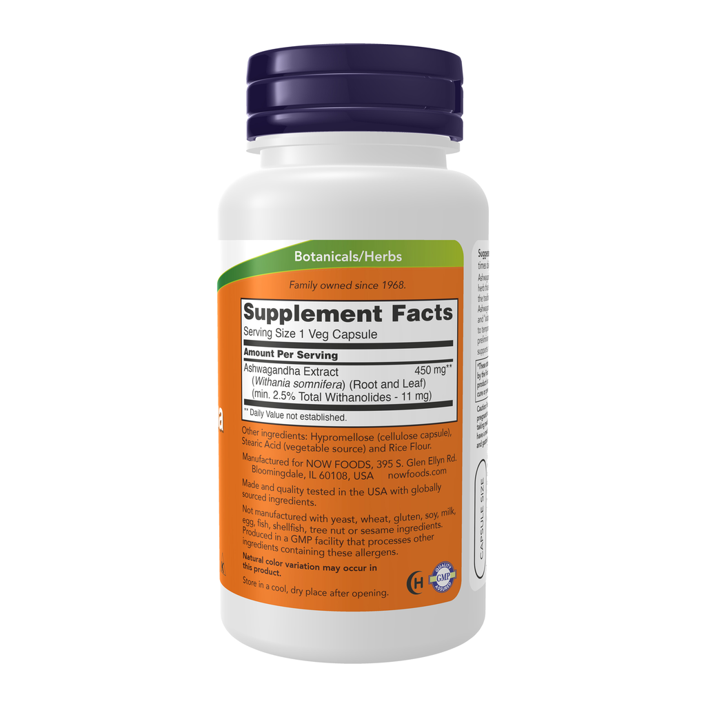 NOW Foods Ashwagandha 450 mg - 90 Veg Capsules – Right label / Etykieta producenta