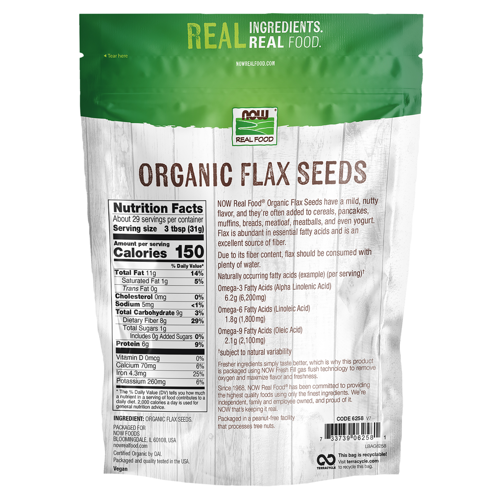 NOW Foods Flax Seeds, Organic - 2 lbs. – back label / Etykieta producenta