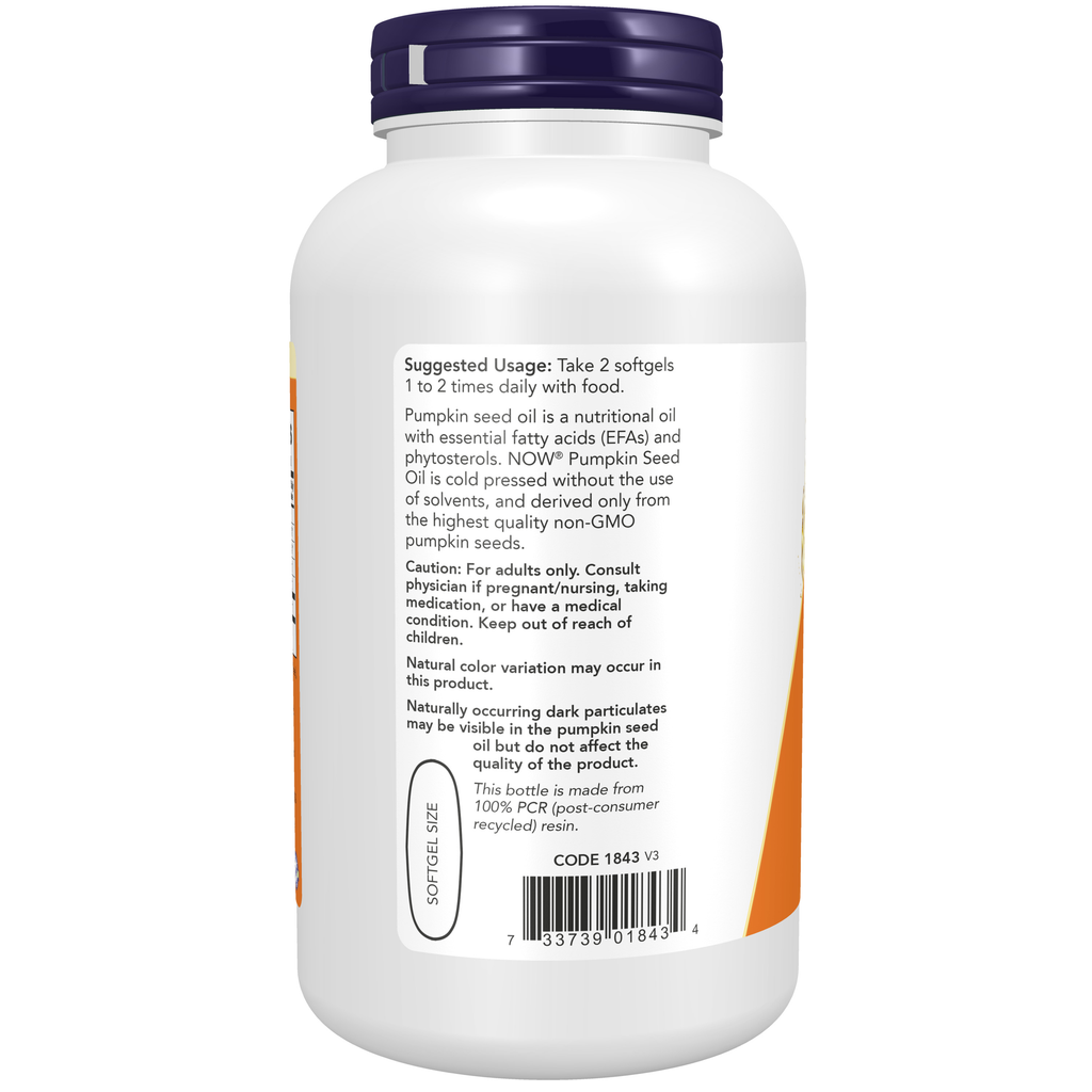 NOW Foods Pumpkin Seed Oil 1000 mg - 200 Softgels – Left label / Etykieta producenta