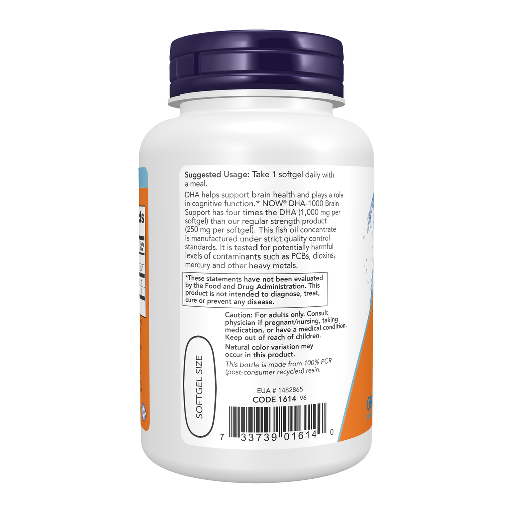 NOW Foods DHA-1000 Fish Oil, Extra Strength - 90 Softgels – Left label / Etykieta producenta