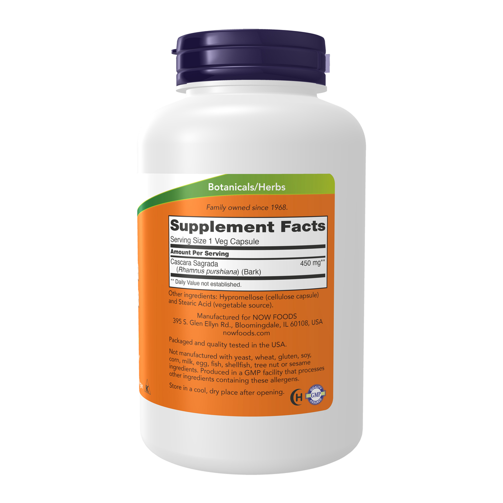 NOW Foods Cascara Sagrada 450 mg - 250 Veg Capsules – Right label / Etykieta producenta