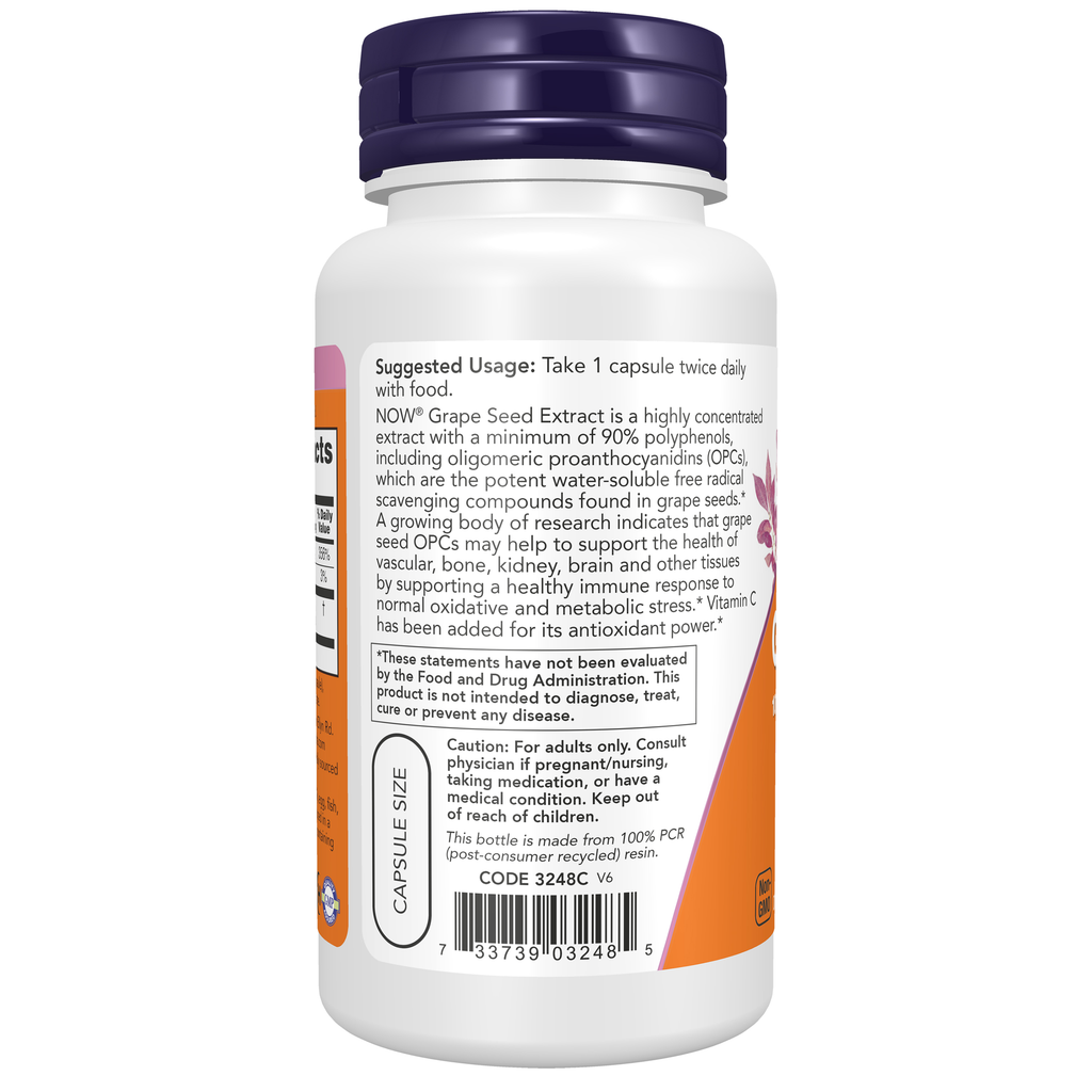 NOW Foods Grape Seed - 100 Veg Capsules – Left label / Etykieta producenta