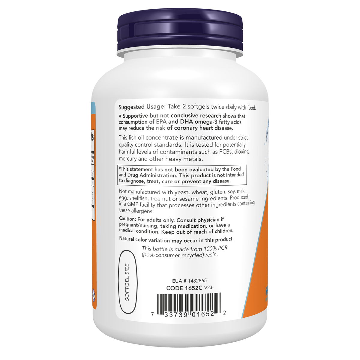 NOW Foods Omega-3 Fish Oil, Molecularly Distilled - 200 Softgels – Left label / Etykieta producenta