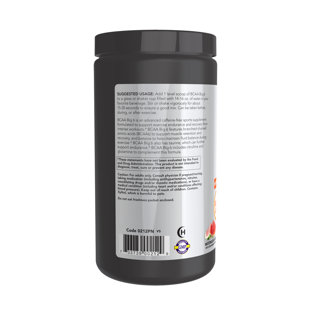 NOW Foods BCAA Big 6 Powder, Watermelon Flavor - 600 g – Left label / Etykieta producenta