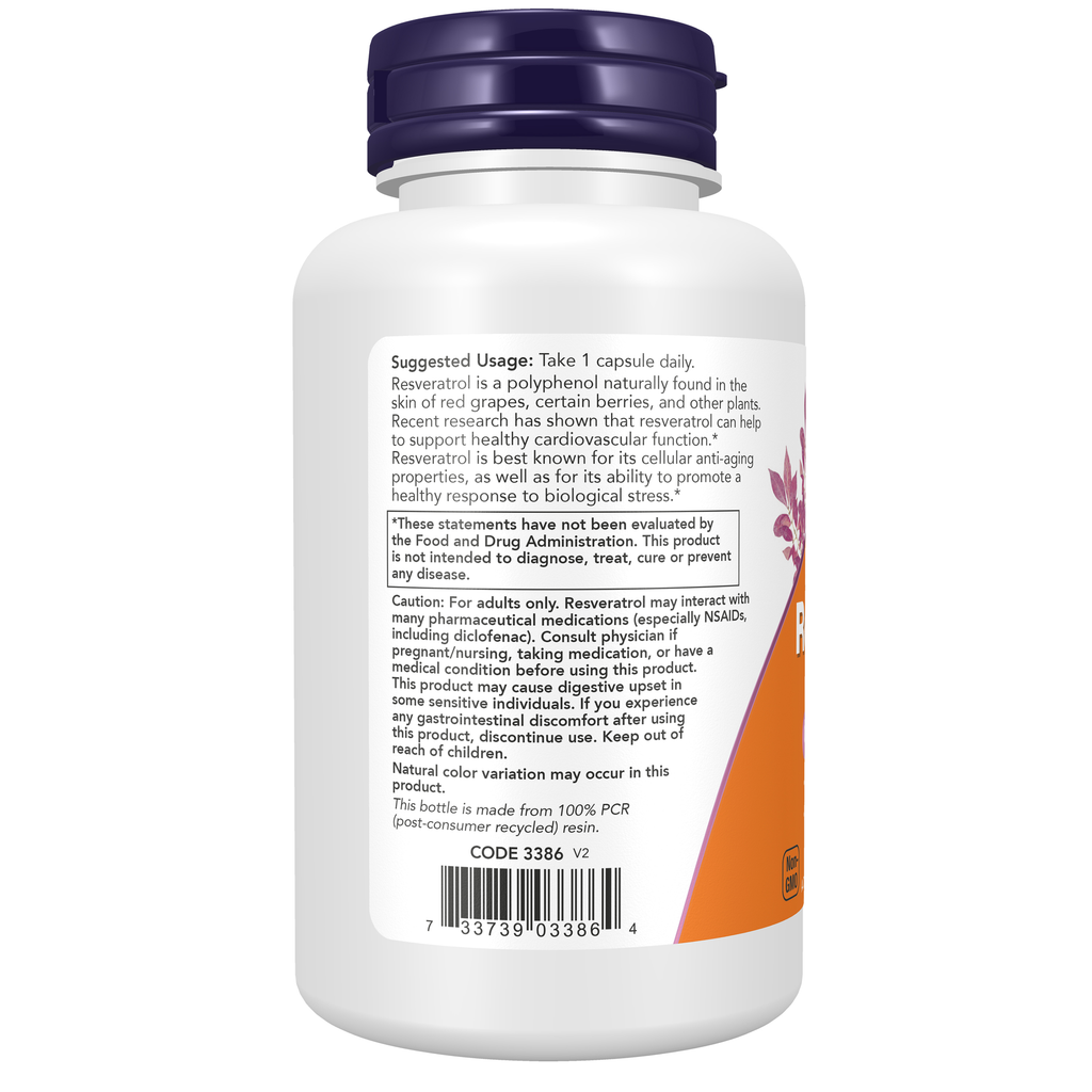 NOW Foods Resveratrol, Extra Strength 350 mg - 60 Veg Capsules – Left label / Etykieta producenta