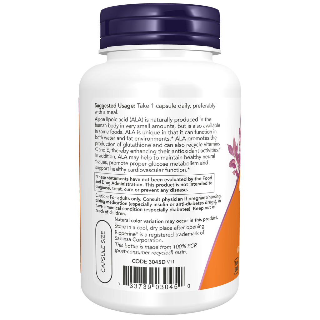 NOW Foods Alpha Lipoic Acid, Extra Strength 600 mg - 120 Veg Capsules – Label details / Etykieta producenta