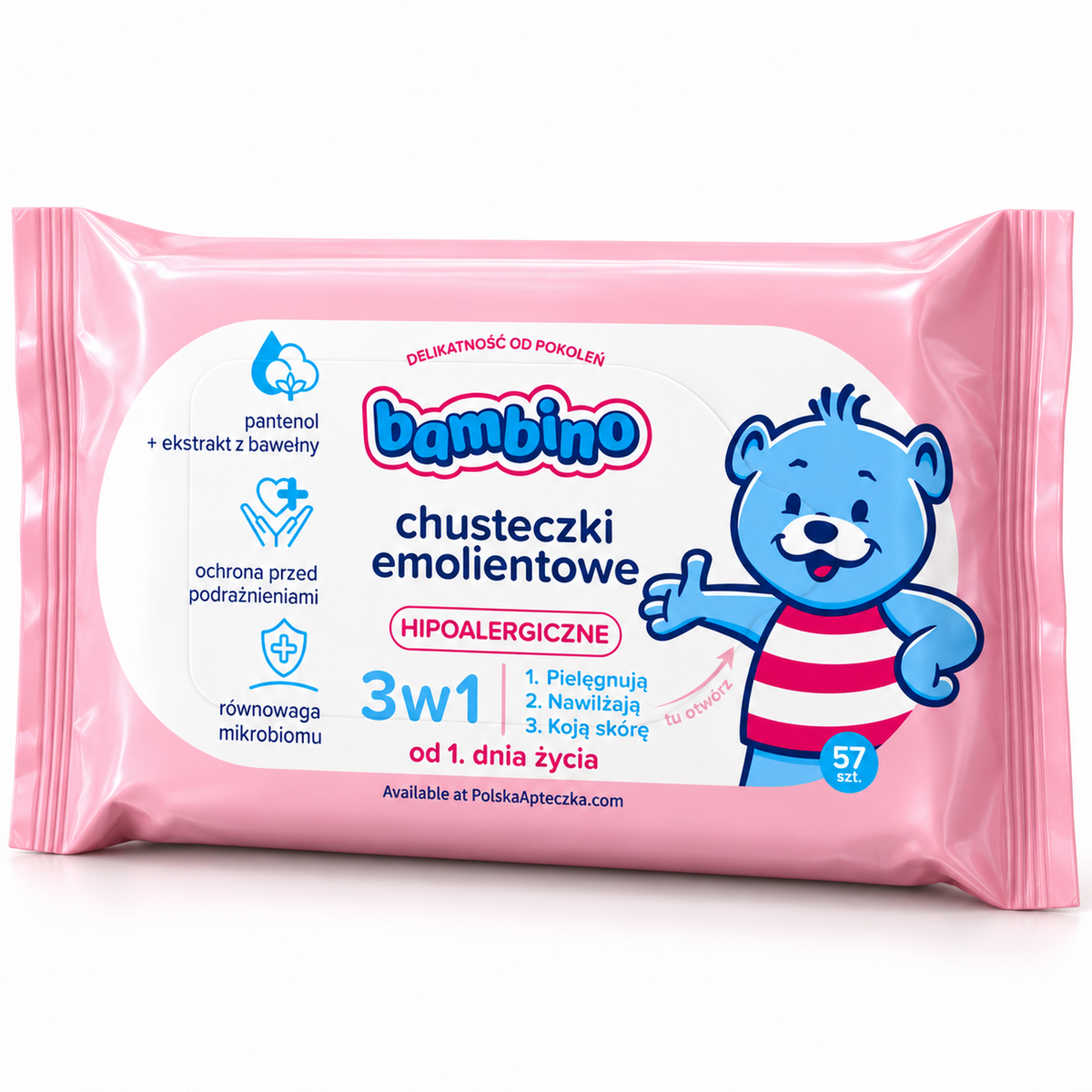 3-in-1 Hypoallergenic Emollient Baby Wipes 57 Count | Bambino – three-quarter product view