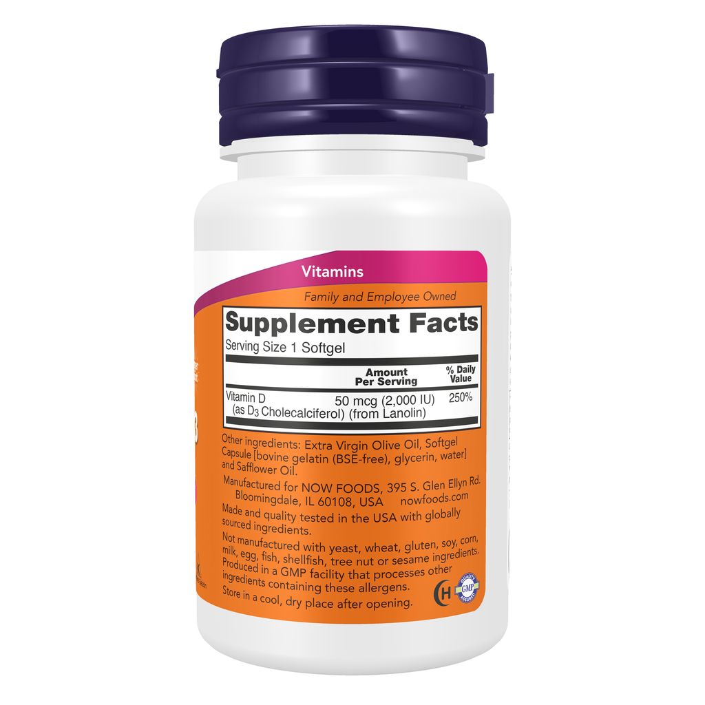 NOW Foods Vitamin D-3 2000 IU - 240 Softgels – right label / Etykieta producenta