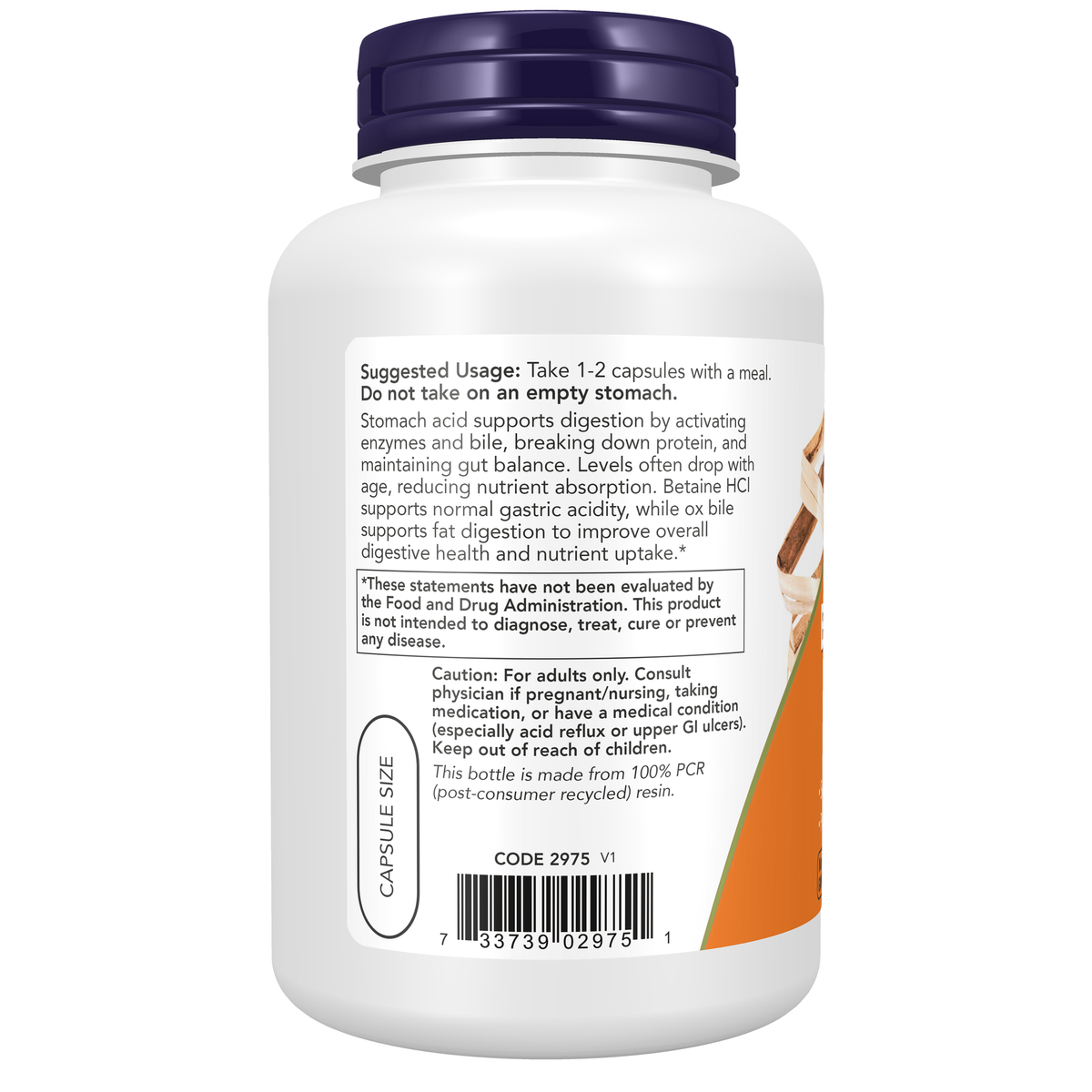 NOW Foods Betaine HCl + Ox Bile - 120 Veg Capsule – Left label / Etykieta producenta