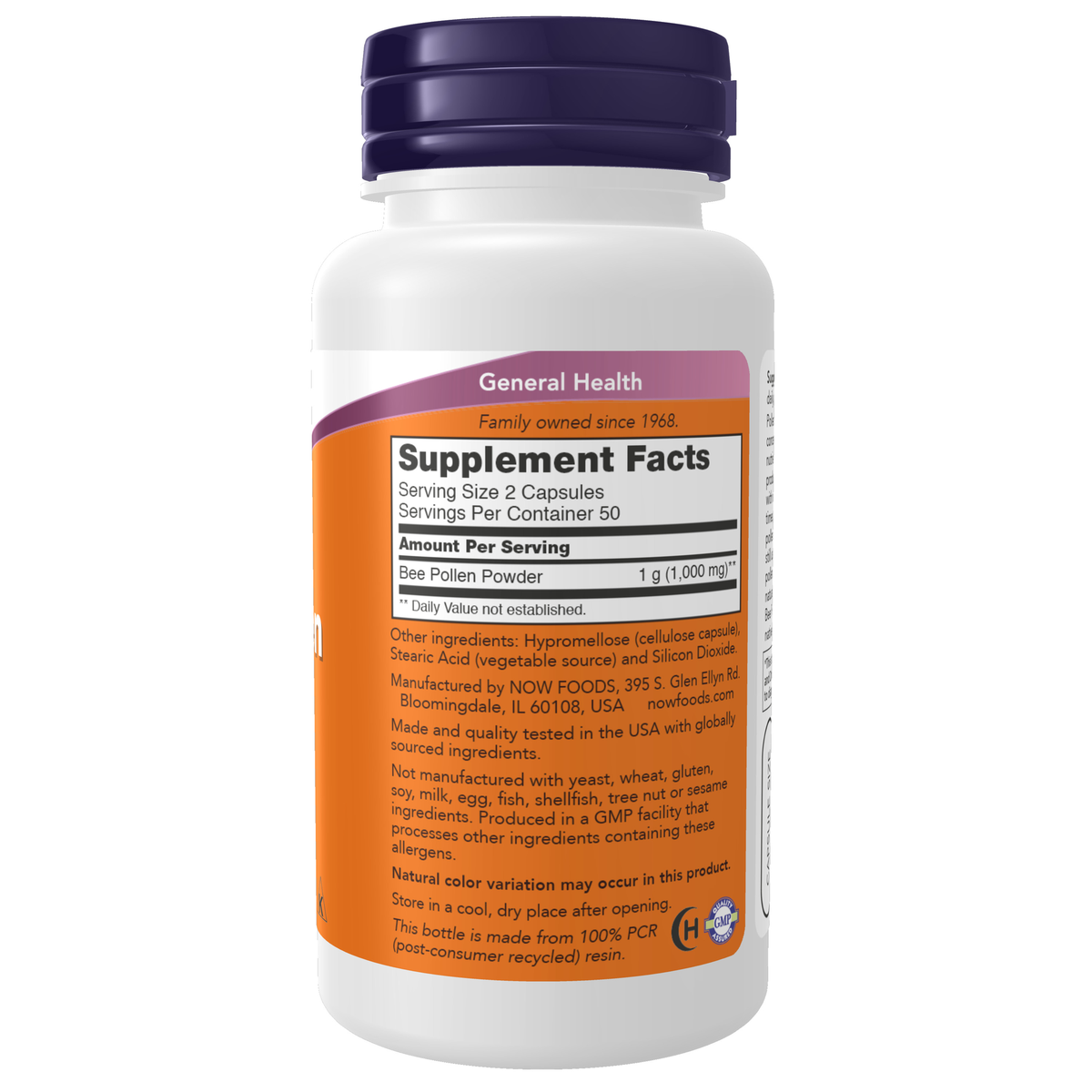 NOW Foods Bee Pollen 500 mg - 100 Capsules – Right label / Etykieta producenta