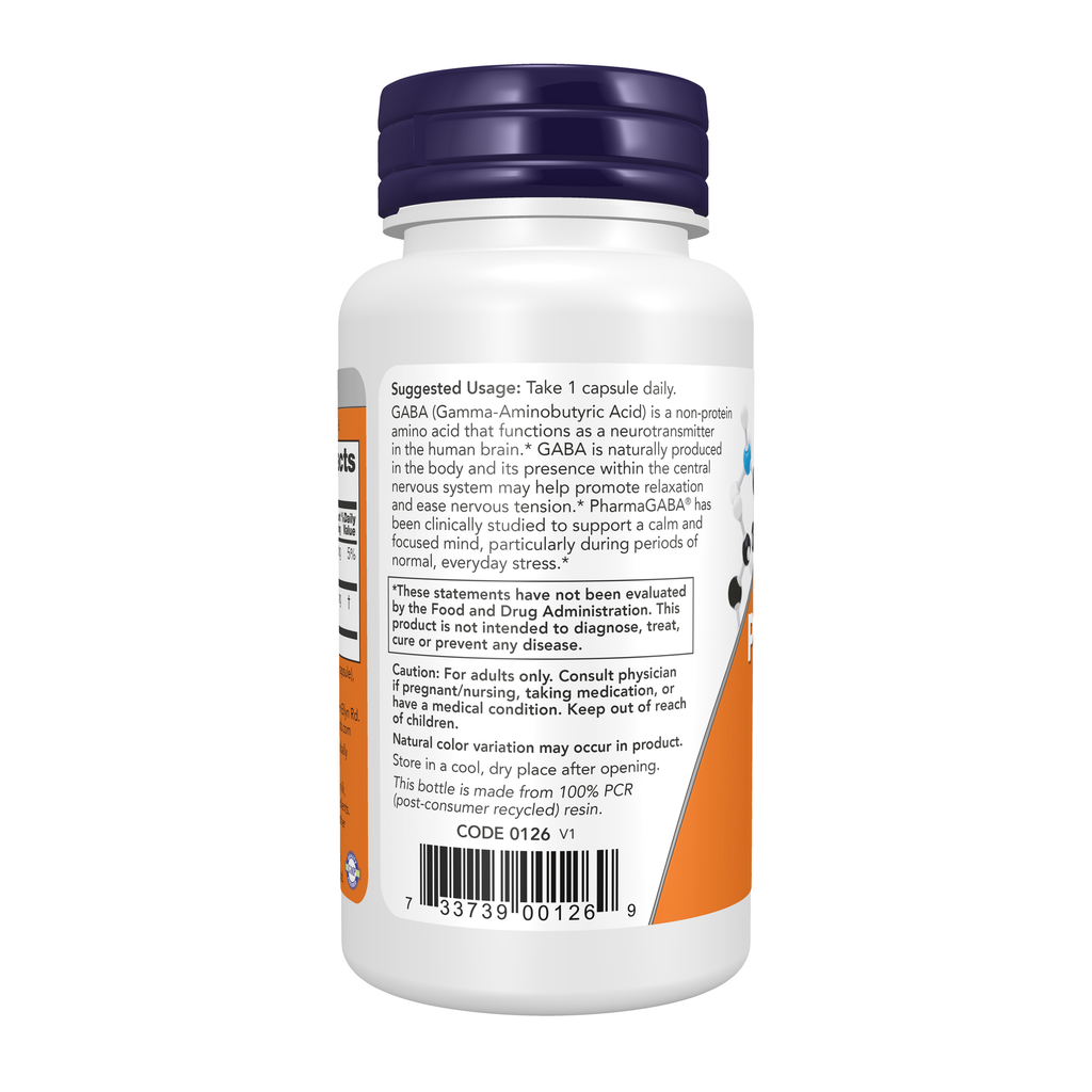 NOW Foods PharmaGABA 250mg - 60 Veg Capsules – Left label / Etykieta producenta