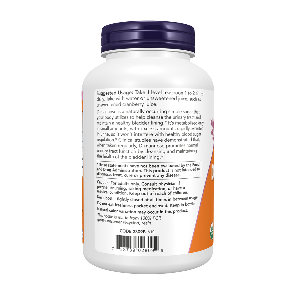 NOW Foods D-Mannose, Pure Powder - 6 oz. – Left label / Etykieta producenta