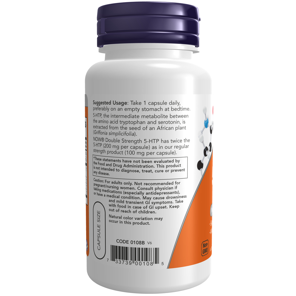 NOW Foods 5-HTP, Double Strength 200 mg - 60 Veg Capsules – Label details / Etykieta producenta