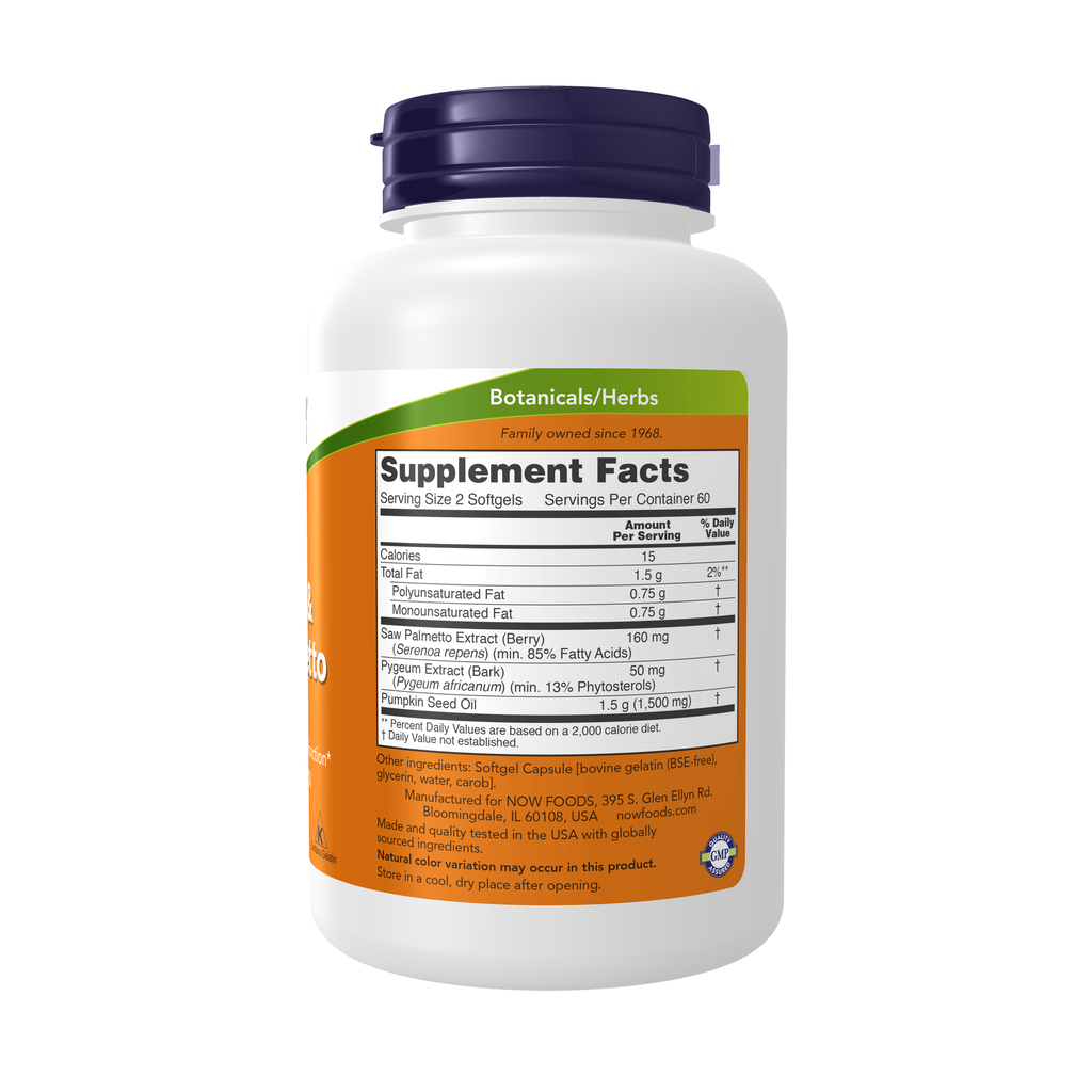 NOW Foods Pygeum & Saw Palmetto - 120 Softgels – Right label / Etykieta producenta