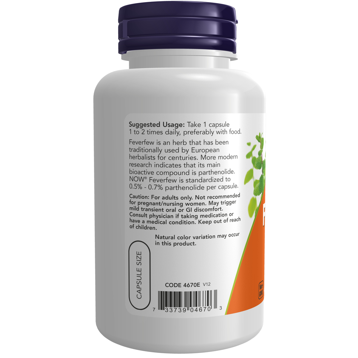 NOW Foods Feverfew - 100 Veg Capsules – Label details / Etykieta producenta