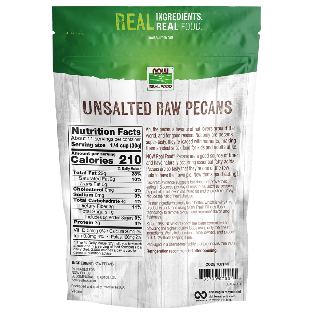 NOW Foods Pecans, Raw & Unsalted - 12oz – Back label / Etykieta producenta