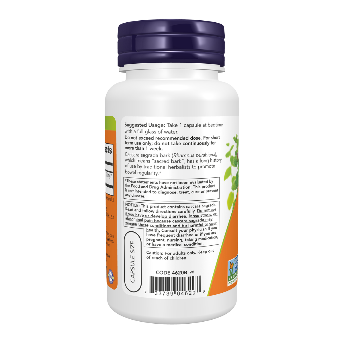 NOW Foods Cascara Sagrada 450 mg - 100 Veg Capsules – Left label / Etykieta producenta