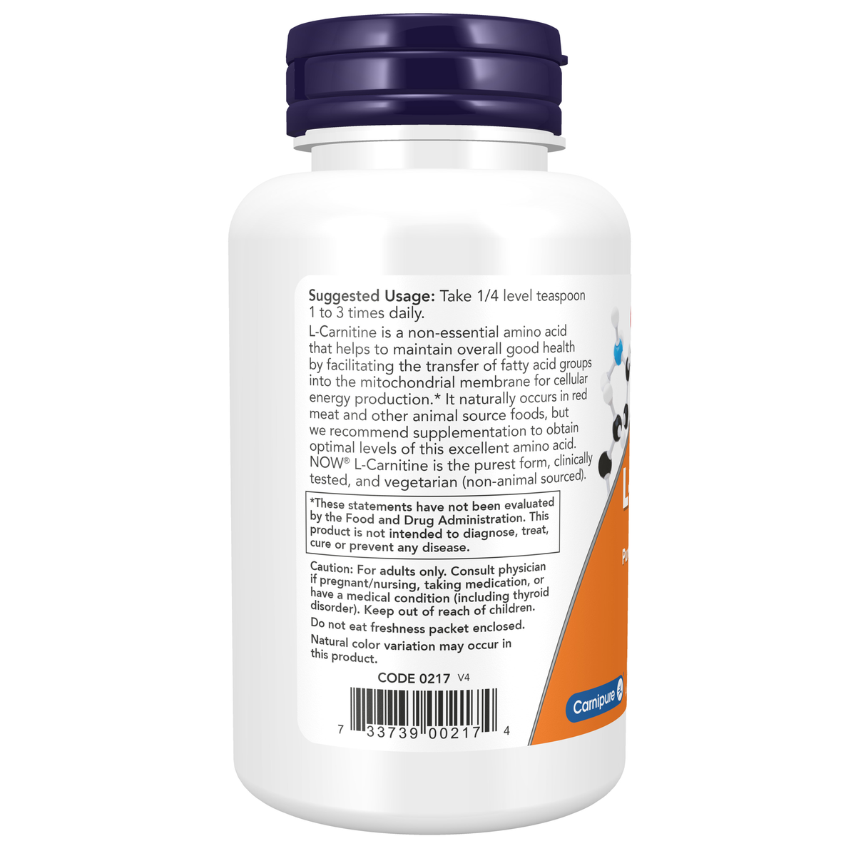 NOW Foods L-Carnitine Pure Powder - 3 oz. – Label details / Etykieta producenta