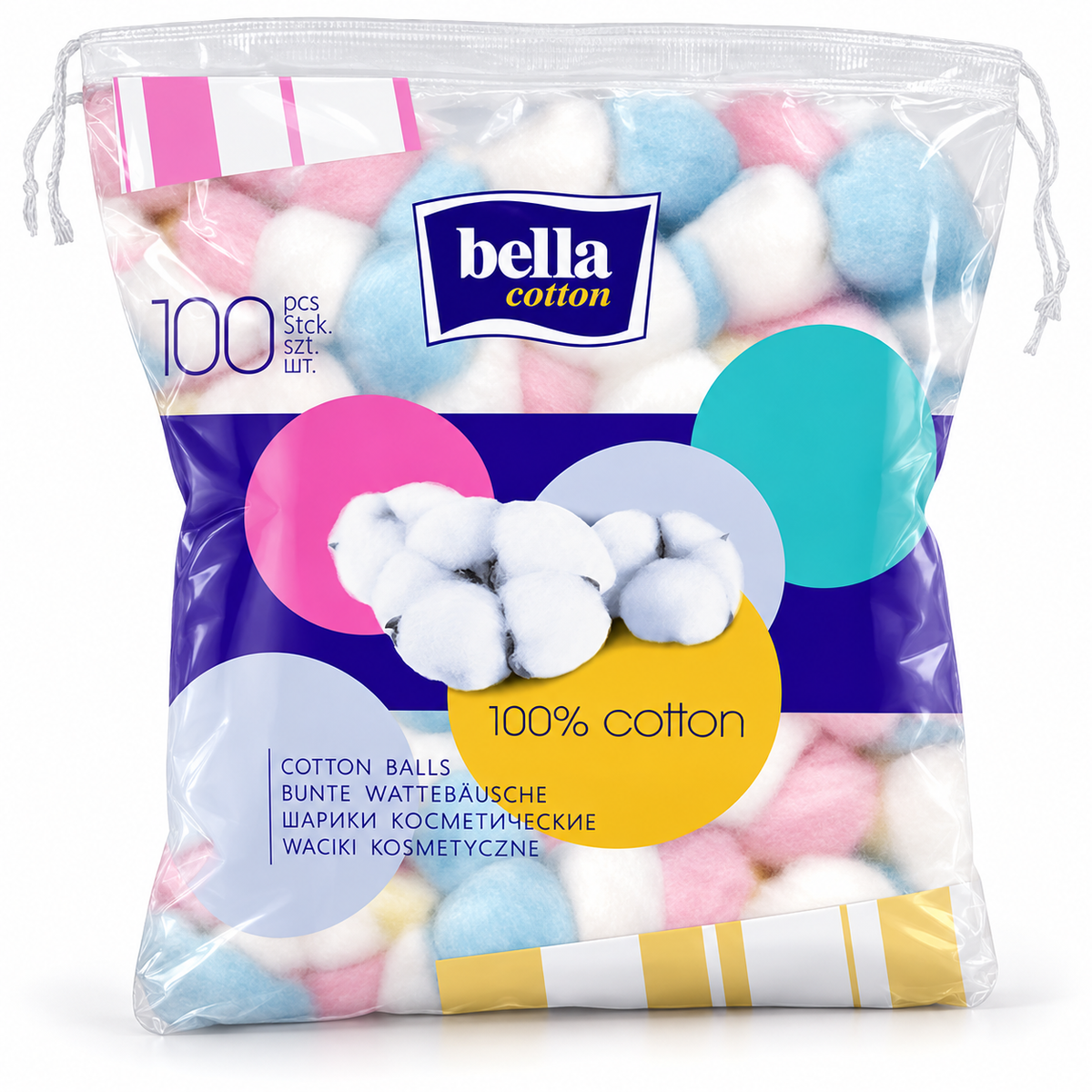 Bella Cotton Colored Cotton Balls, 100 Count | Bella Cotton – kolorowe waciki kosmetyczne, 100 sztuk